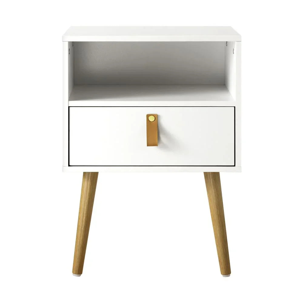 2X Bedside Tables with Leather Handle White