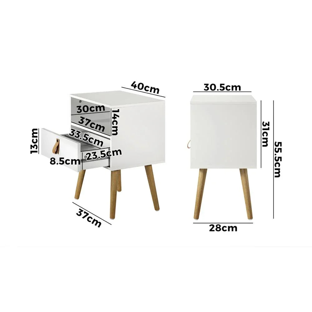 2X Bedside Tables with Leather Handle White