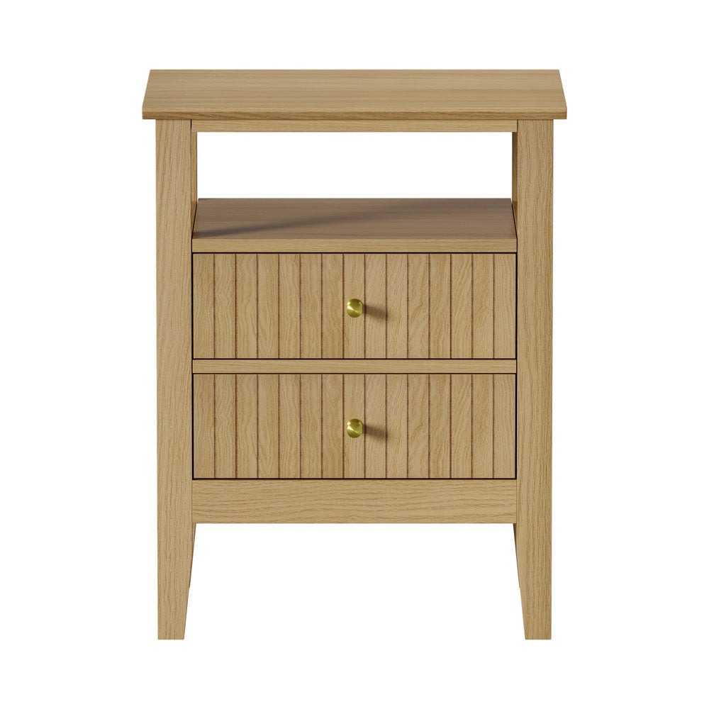 Bedside Table 2 Drawers Open Shelf Nightstand Natural