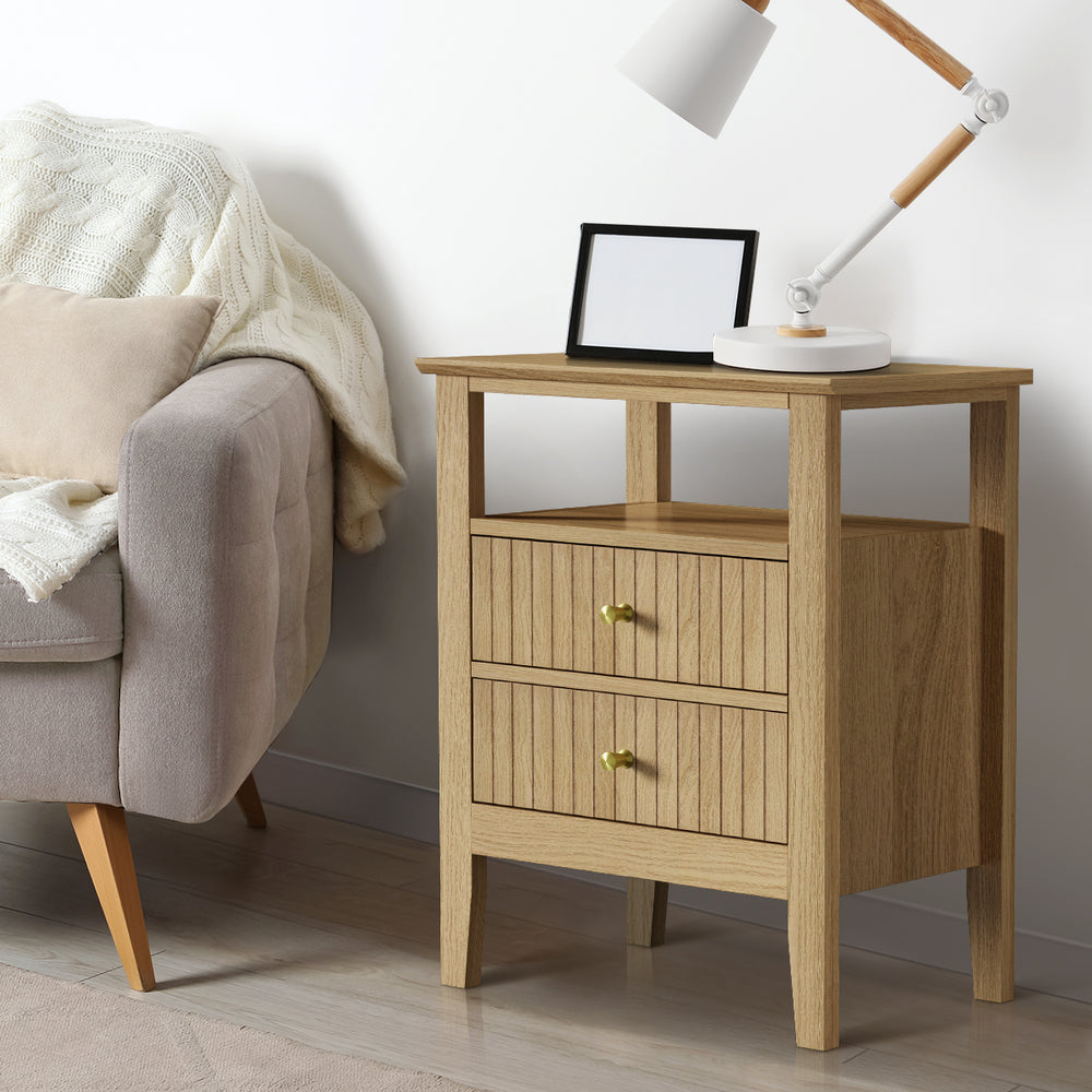 Bedside Table 2 Drawers Open Shelf Nightstand Natural