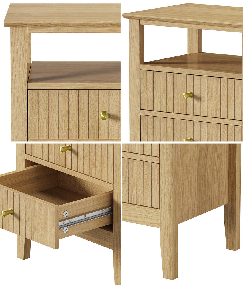 Bedside Table 2 Drawers Open Shelf Nightstand Natural