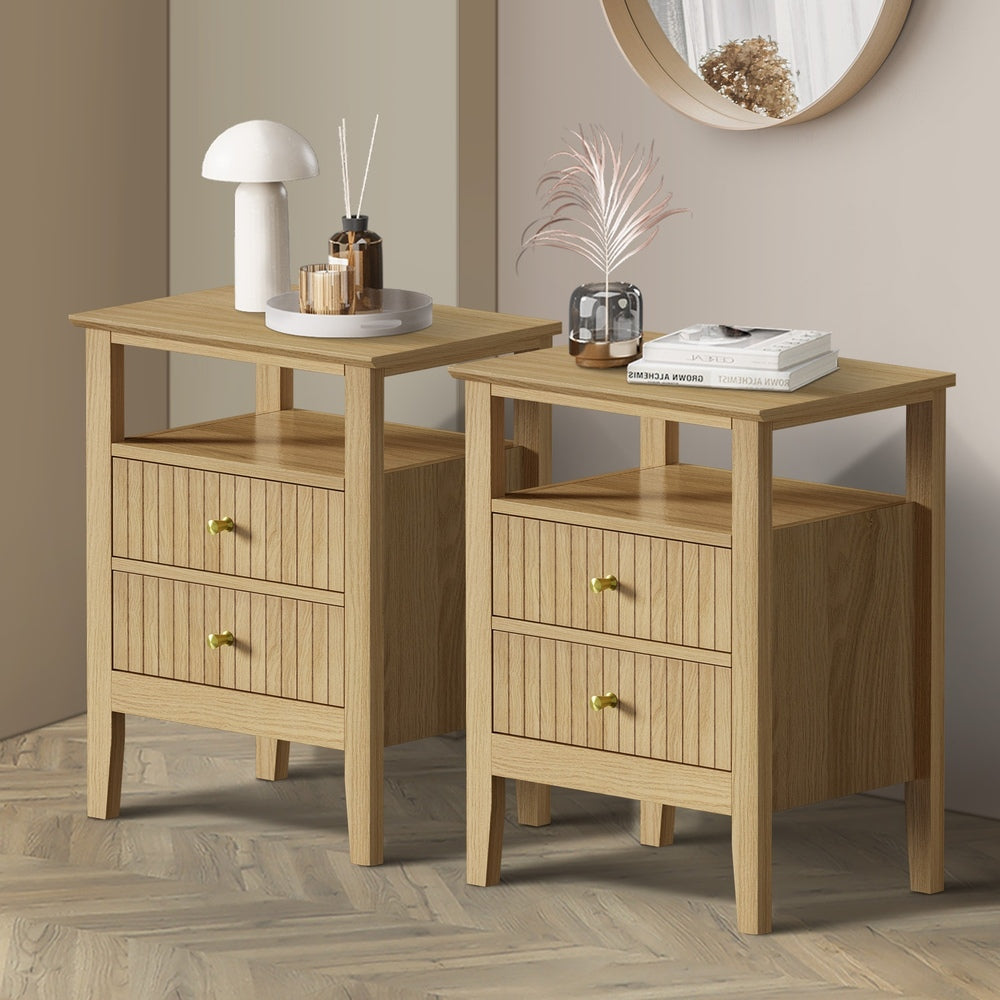 2x Bedside Table 2 Drawers Open Shelf Nightstand Natural