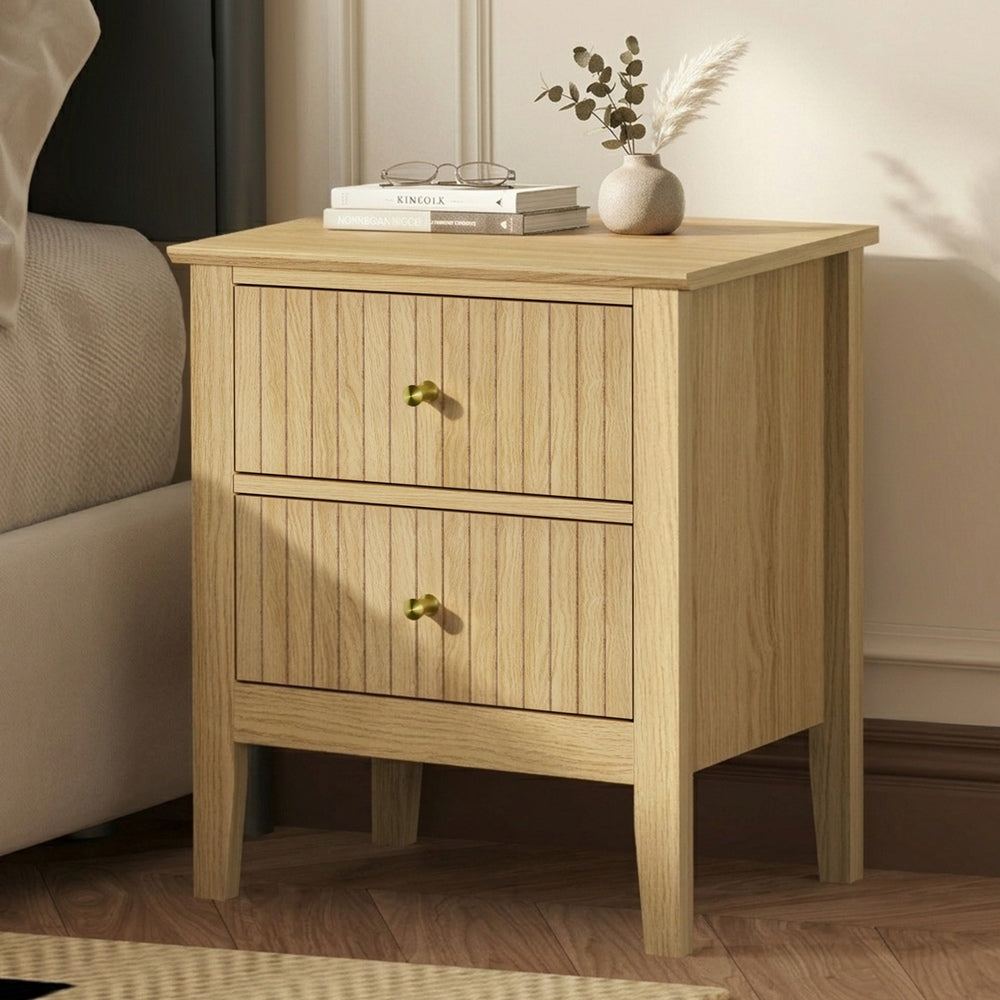 Oikiture Bedside Table – Natural 2‑Drawer Nightstand with Gold Brass Handles