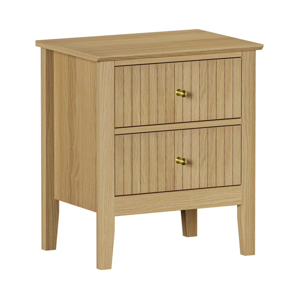 Oikiture Bedside Table – Natural 2‑Drawer Nightstand with Gold Brass Handles