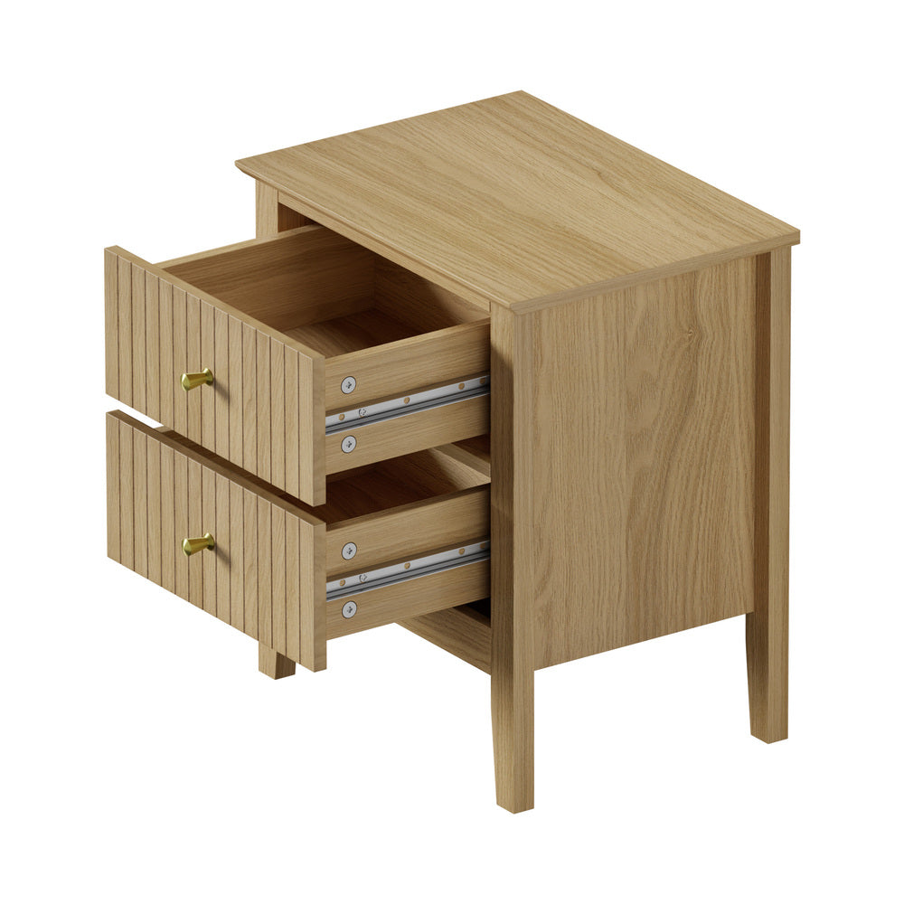Oikiture Bedside Table – Natural 2‑Drawer Nightstand with Gold Brass Handles