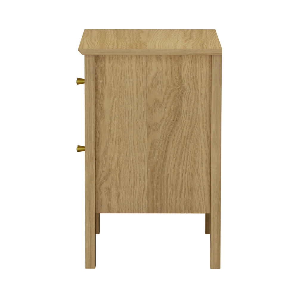 Oikiture Bedside Table – Natural 2‑Drawer Nightstand with Gold Brass Handles