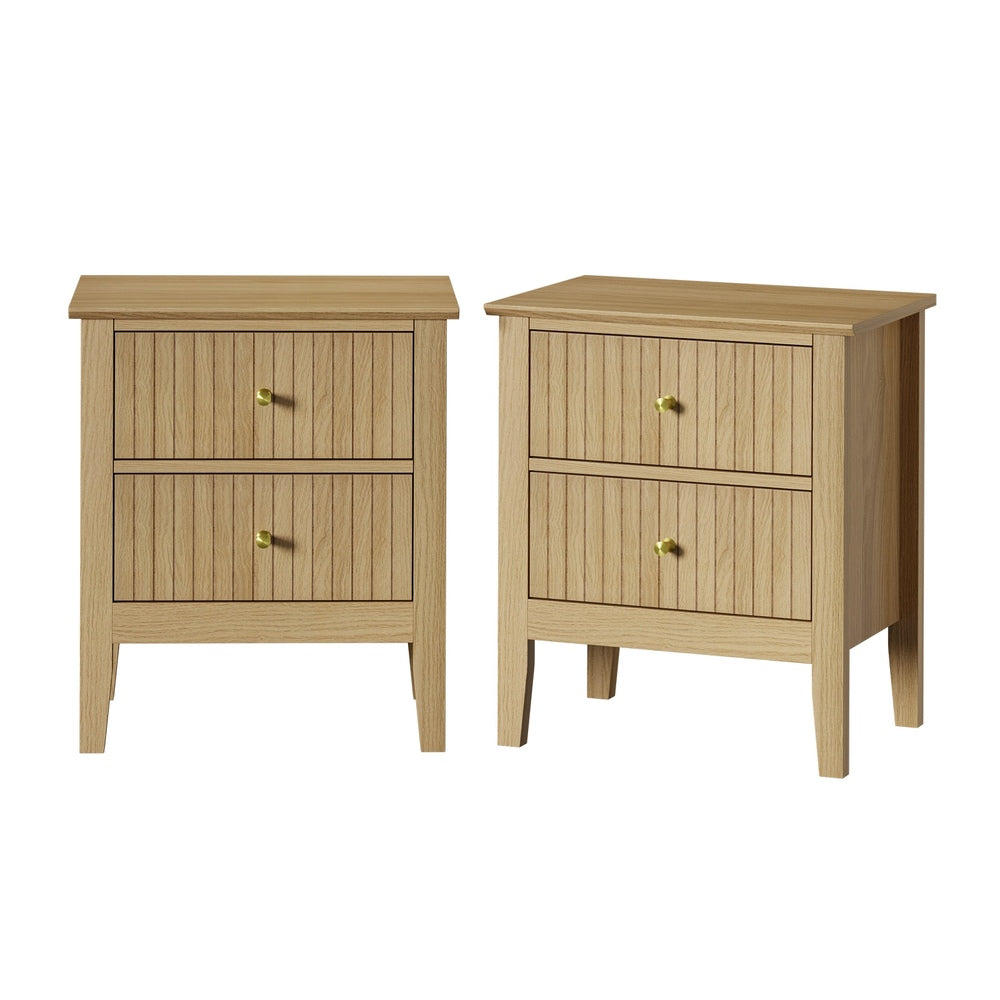 Oikiture Bedside Tables Set of 2 – Natural 2‑Drawer Nightstands with Gold Handles