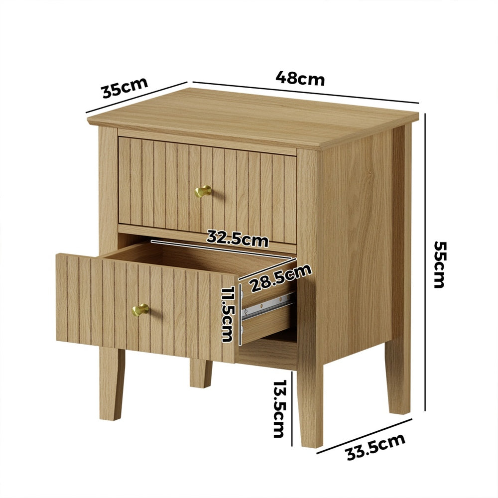 Oikiture Bedside Table – Natural 2‑Drawer Nightstand with Gold Brass Handles