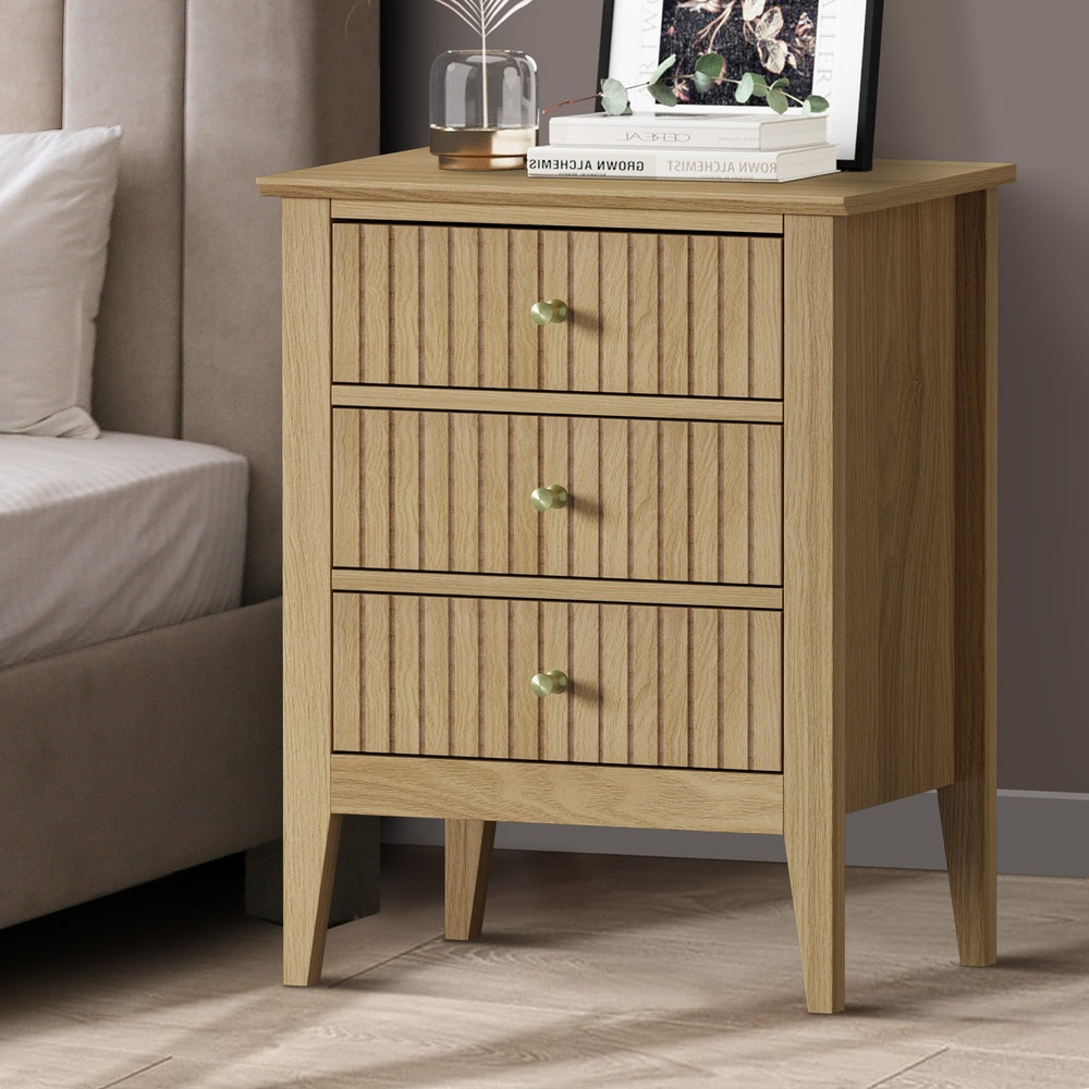 Oikiture Bedside Table 3 Drawers Side End Nightstand Natural