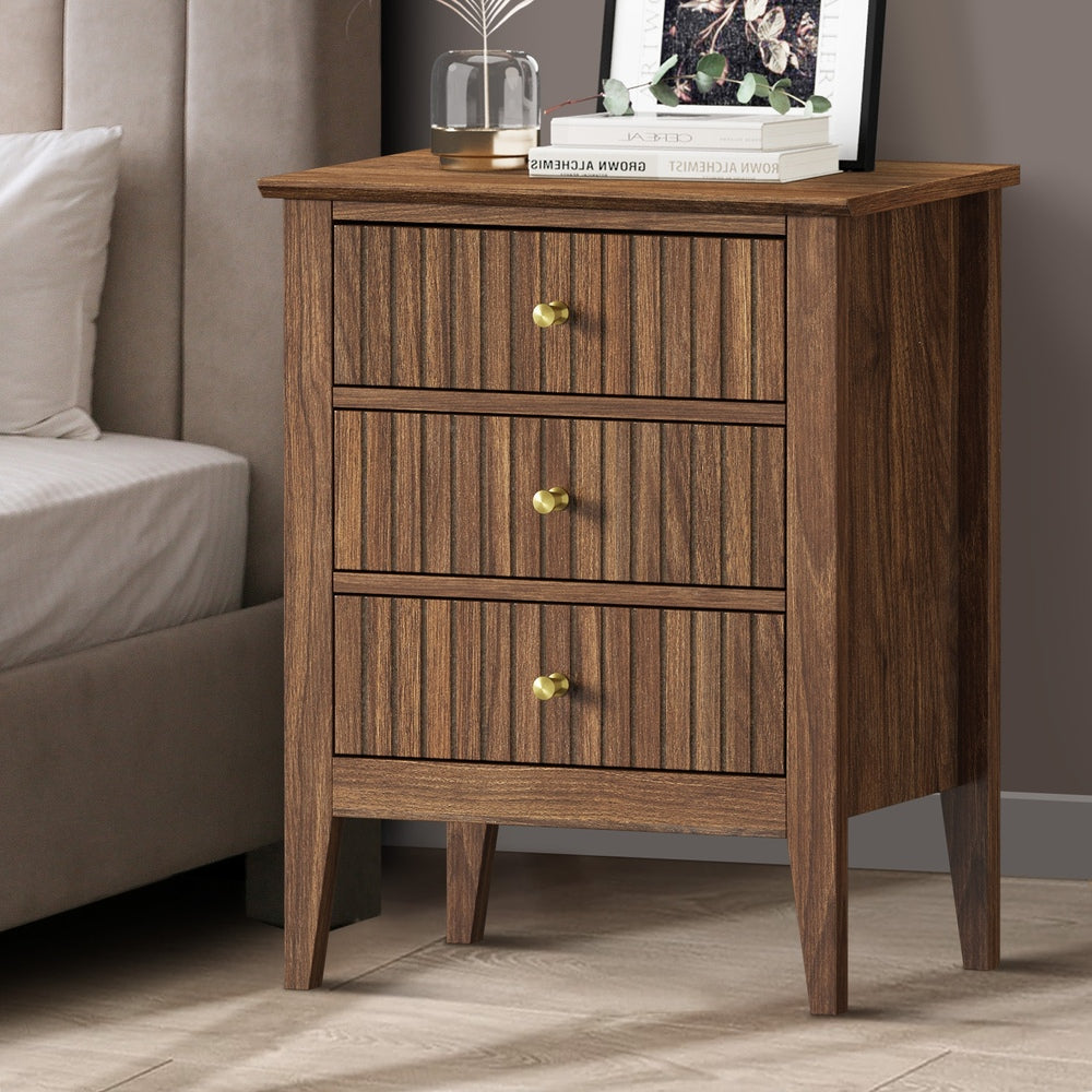 Bedside Table 3 Drawers Side End Nightstand Walnut