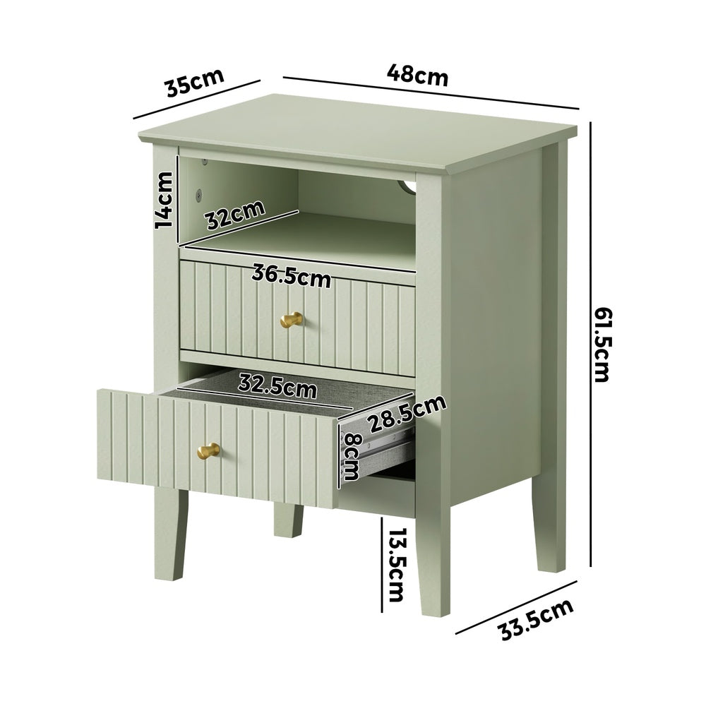 Bedside Table Nightstand 2 Drawer with Storage Cabinet Green