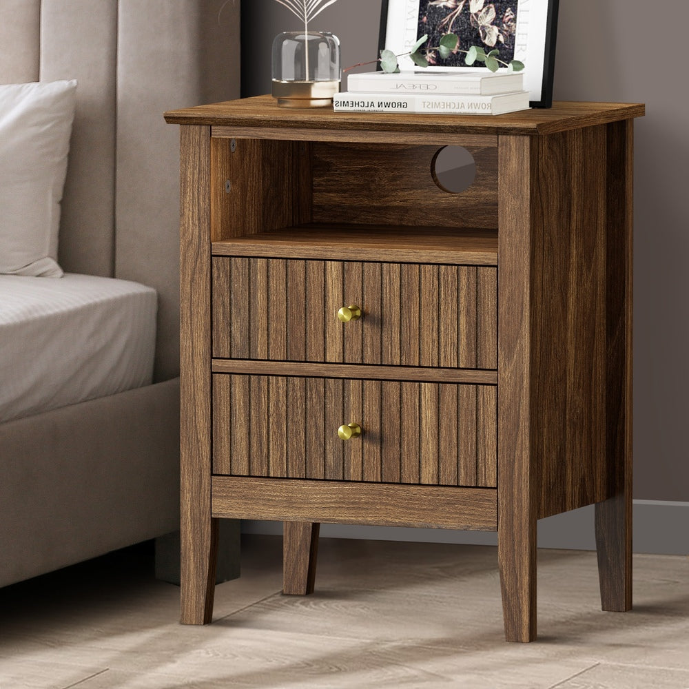 Bedside Table Nightstand 2 Drawer with Storage Cabinet Walnut