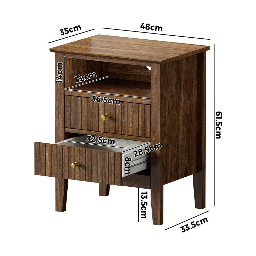 Bedside Table Nightstand 2 Drawer with Storage Cabinet Walnut