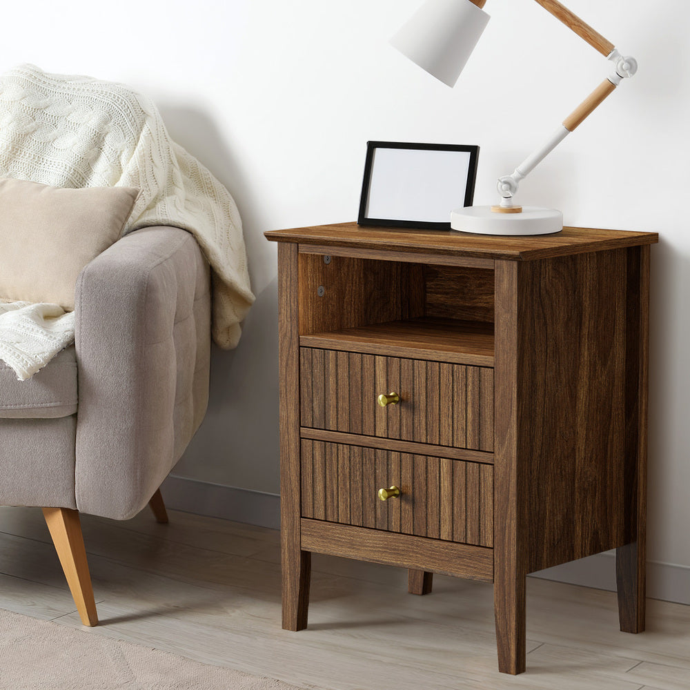 Bedside Table Nightstand 2 Drawer with Storage Cabinet Walnut