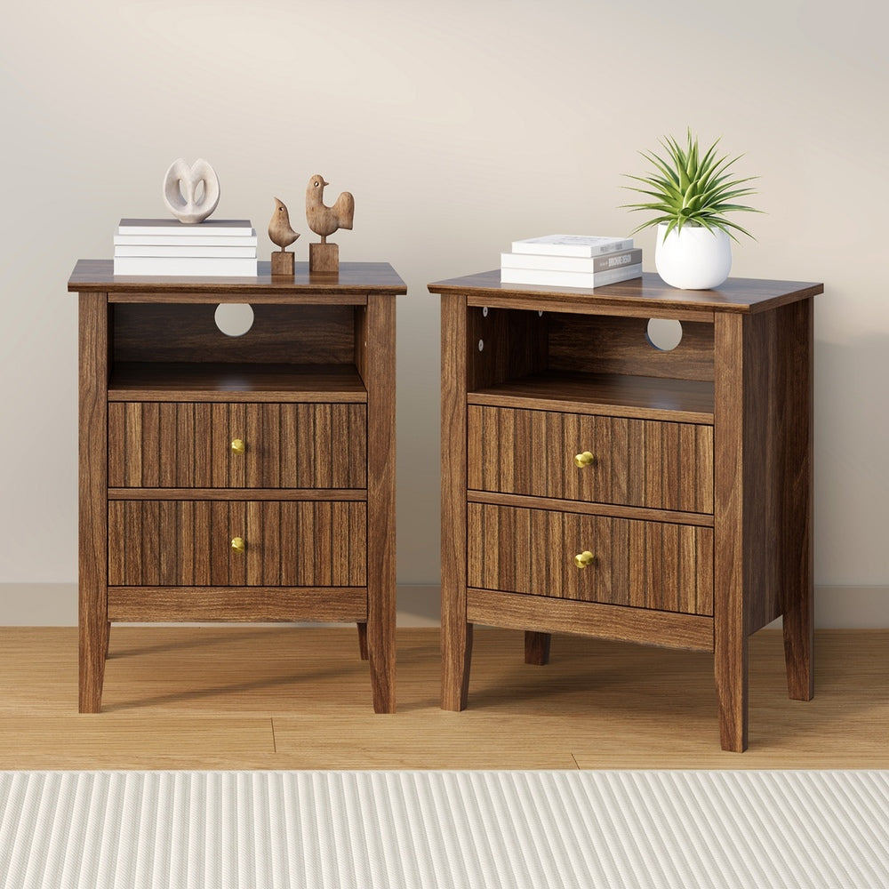 2x Bedside Table Nightstand 2 Drawer Storage Cabinet Walnut