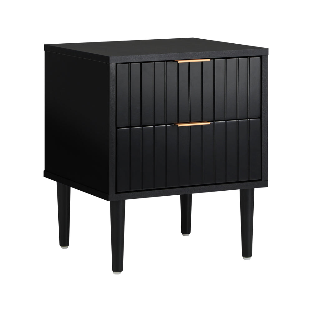 Oikiture Bedside Table – Black 2‑Drawer Nightstand with Metal Handles & Wood Legs