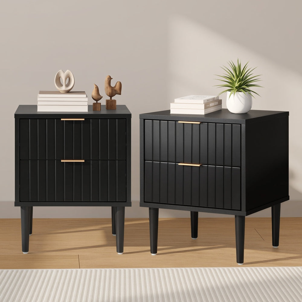 Oikiture Bedside Tables Set of 2 – Black 2‑Drawer Nightstands with Metal Handles