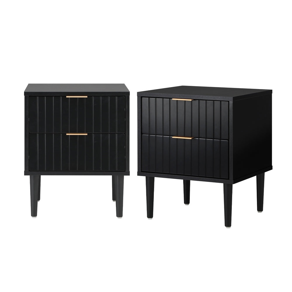Oikiture Bedside Tables Set of 2 – Black 2‑Drawer Nightstands with Metal Handles