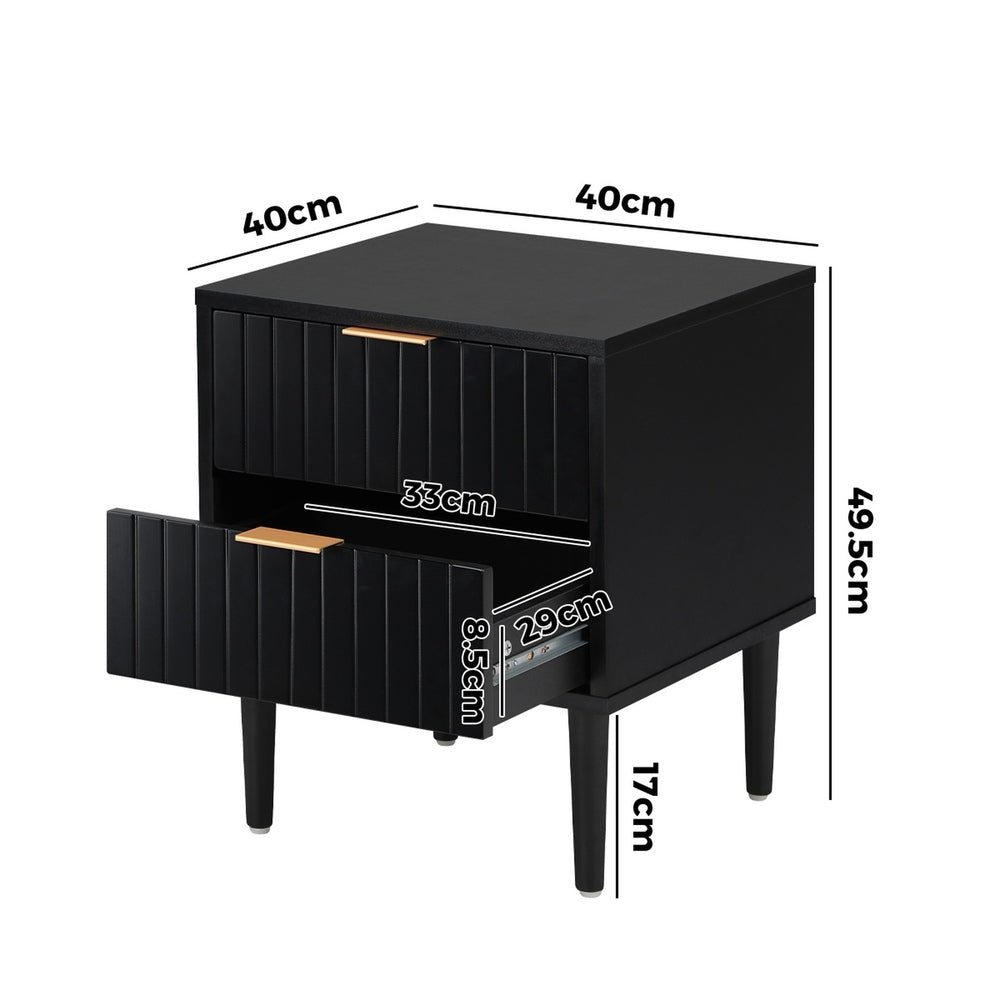Oikiture Bedside Tables Set of 2 – Black 2‑Drawer Nightstands with Metal Handles