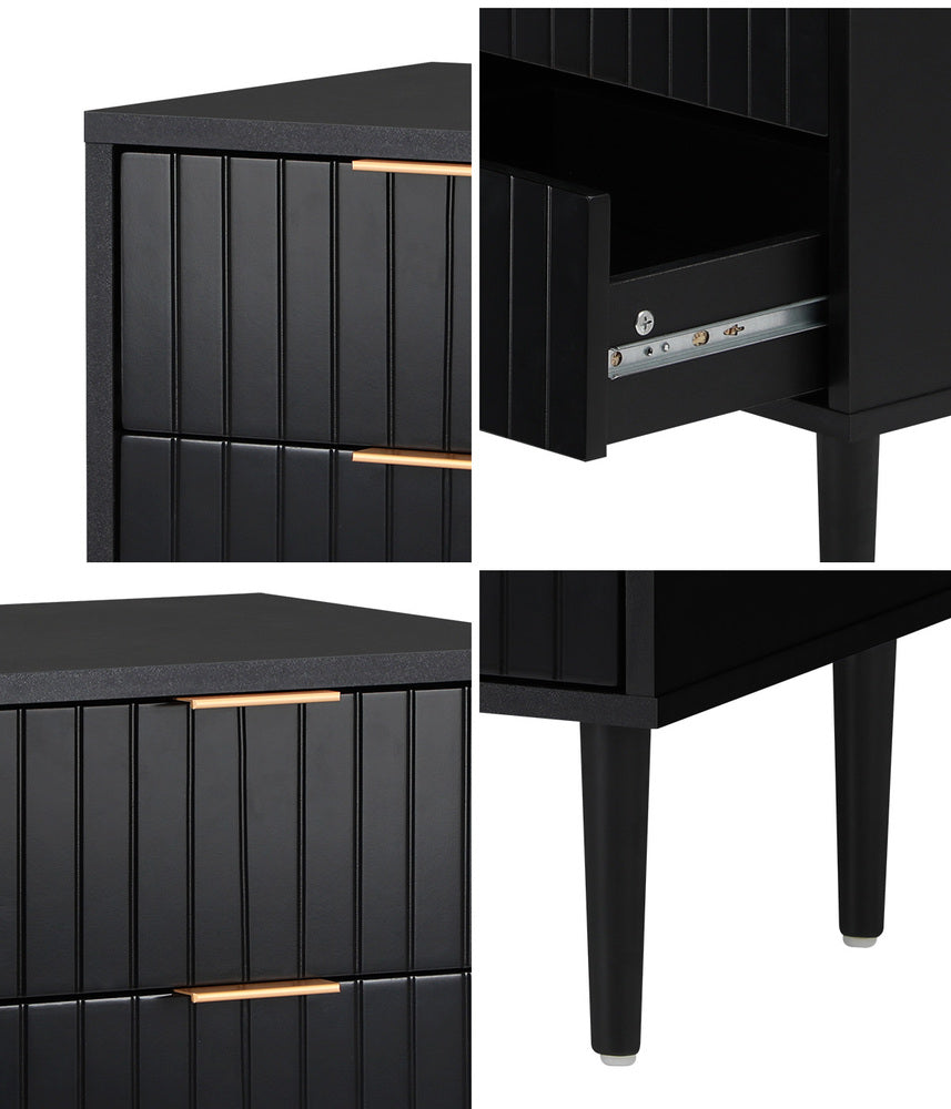 Oikiture Bedside Tables Set of 2 – Black 2‑Drawer Nightstands with Metal Handles