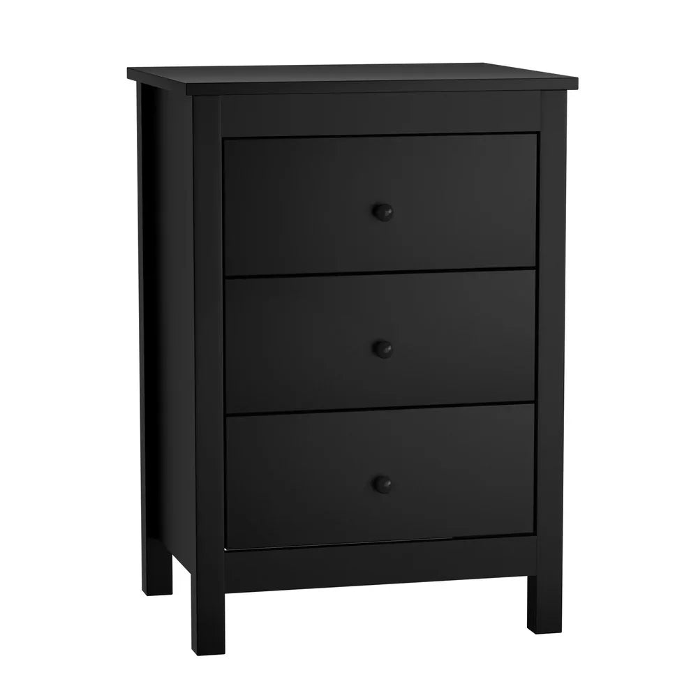 Oikiture Bedside Table Black – Hamptons Style 3‑Drawer Nightstand with Wooden Handles