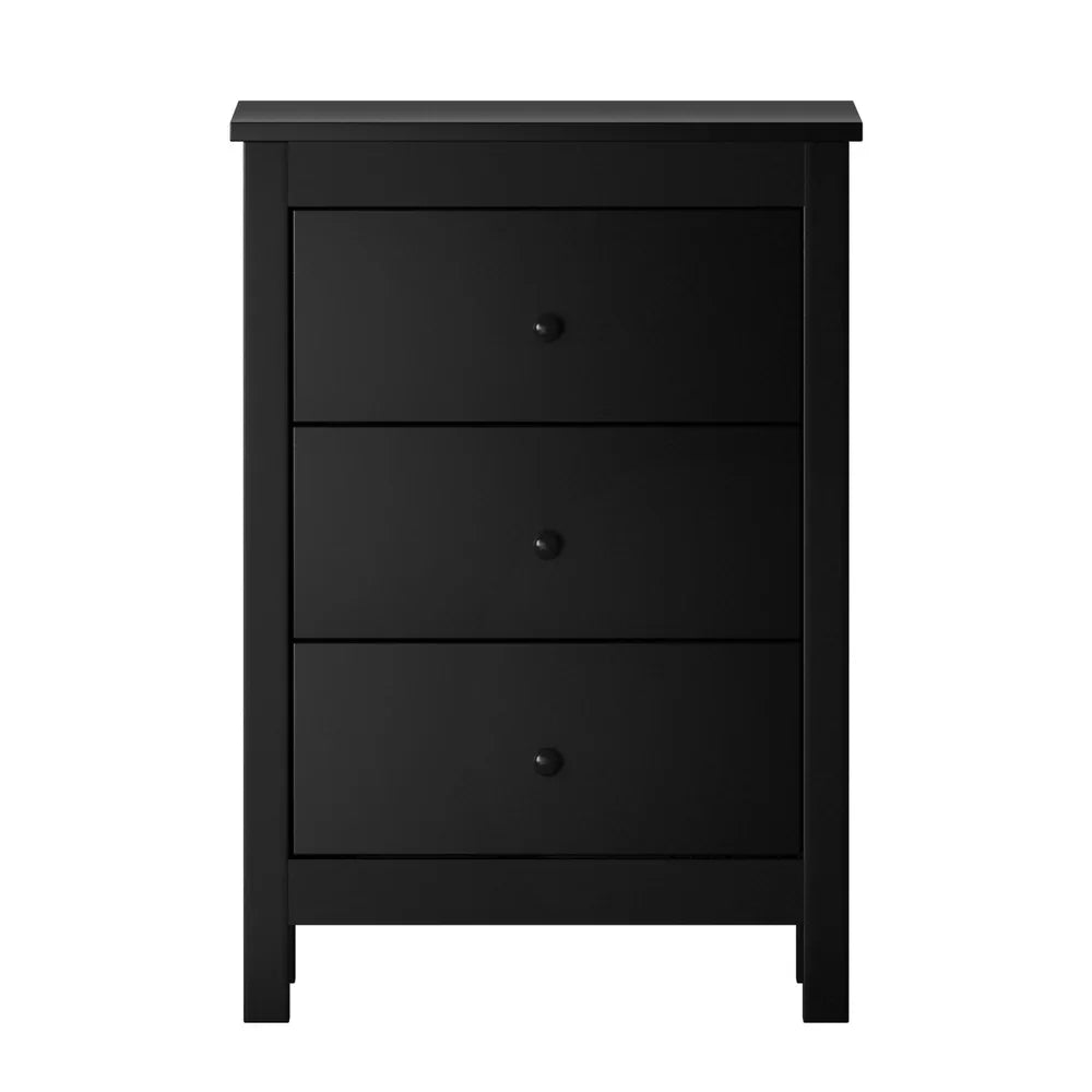 Oikiture Bedside Table Black – Hamptons Style 3‑Drawer Nightstand with Wooden Handles