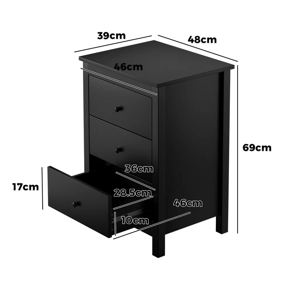 Oikiture Bedside Table Black – Hamptons Style 3‑Drawer Nightstand with Wooden Handles