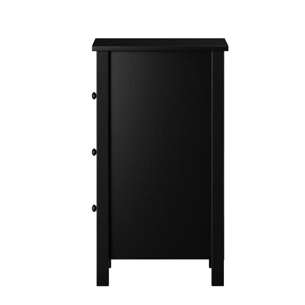 Oikiture Bedside Table Black – Hamptons Style 3‑Drawer Nightstand with Wooden Handles