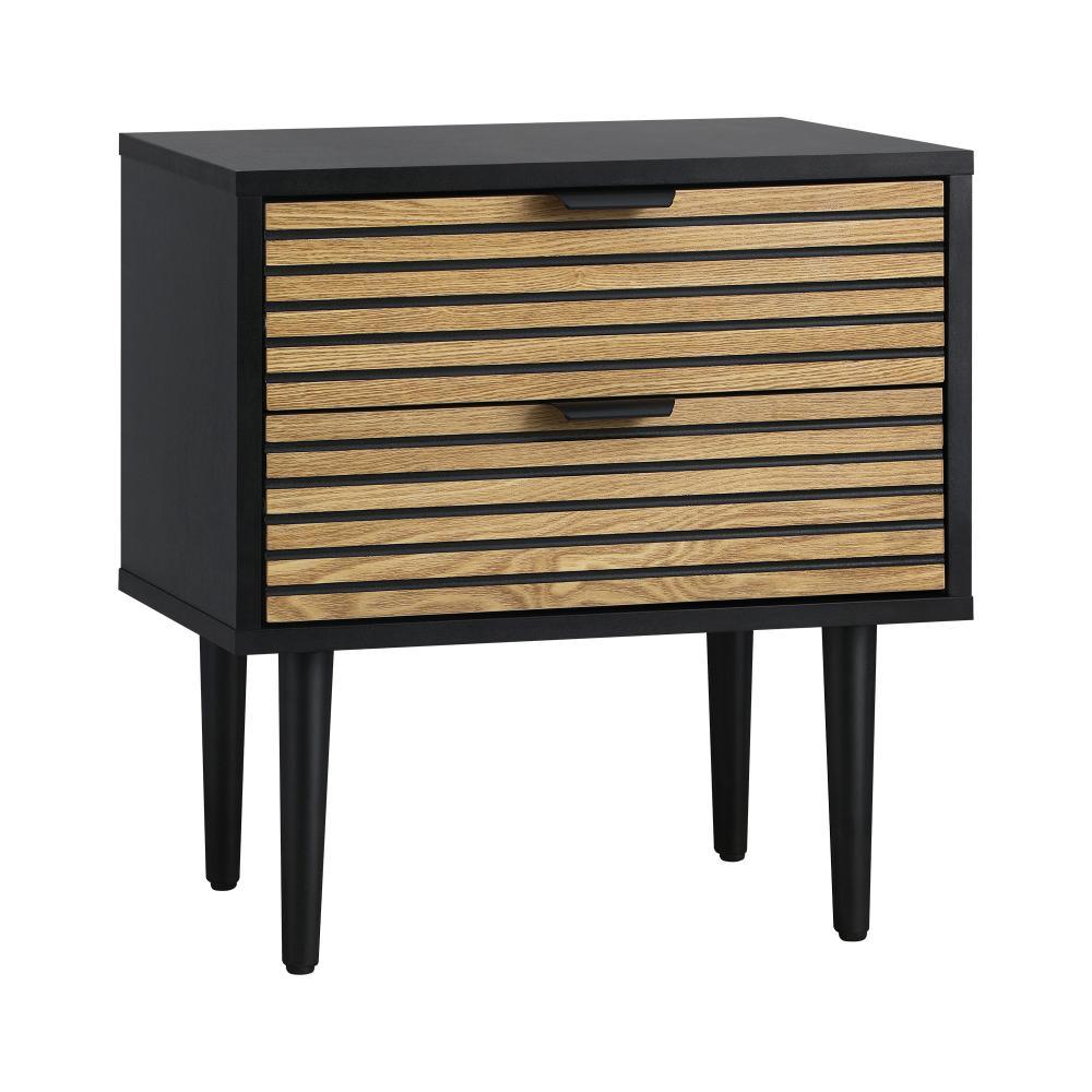 2PCS Bedside Table 2 Drawers Black&Wooden