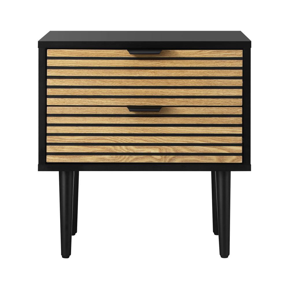 2PCS Bedside Table 2 Drawers Black&Wooden