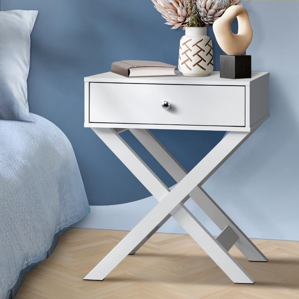 Bedside Table Wooden Frame Cross Base White