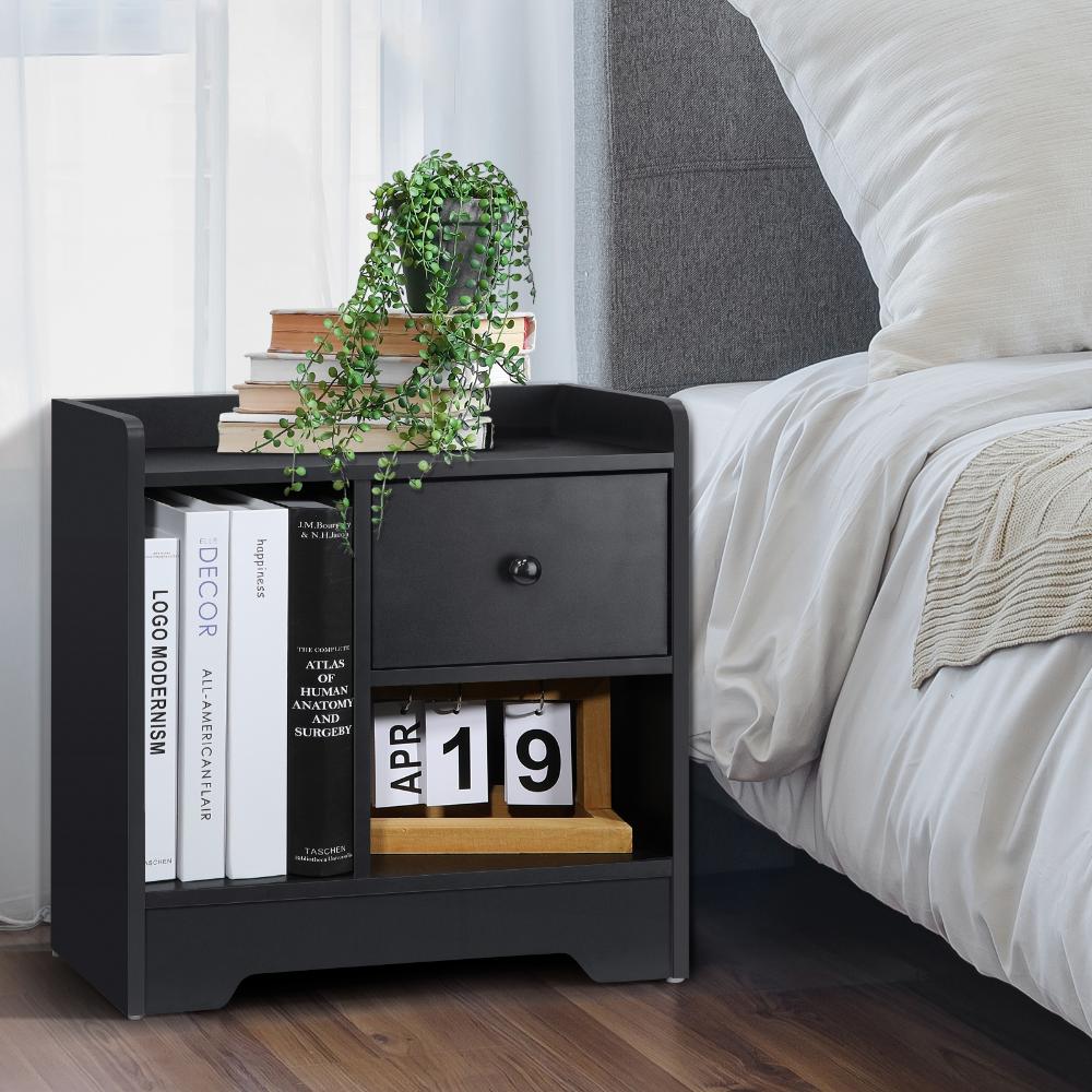 Bedside Table with Drawer & Storage Space Black