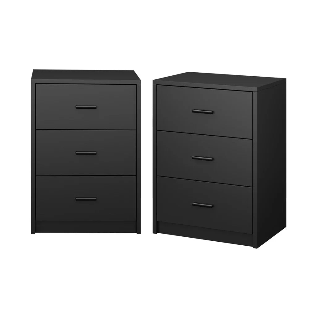 2x Bedside Table 3 Drawers Nightstand Bedroom Storage Black