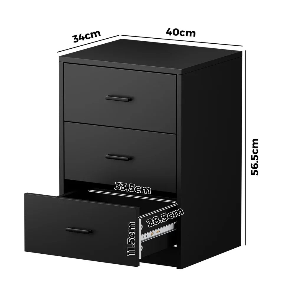 Bedside Table 3 Drawers Nightstand Bedroom Storage Black