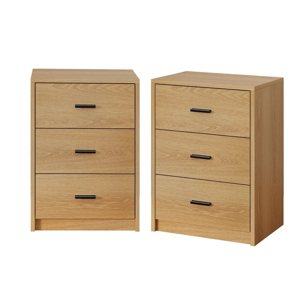 Bedside Table 3 Drawers Nightstand Bedroom Storage Natural