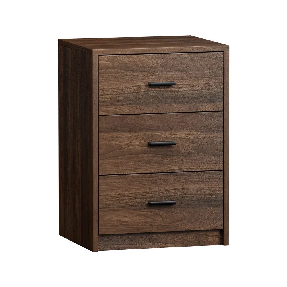 Bedside Table 3 Drawers Nightstand Bedroom Storage Walnut