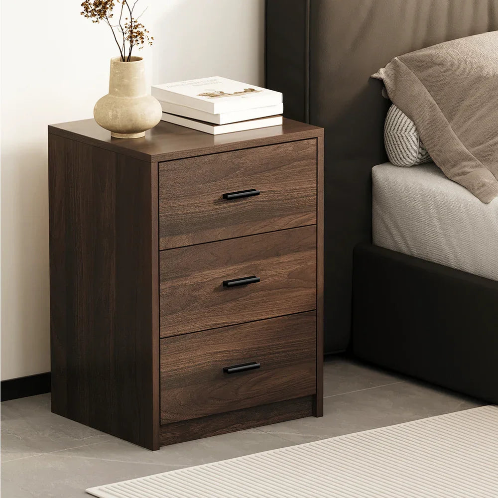 2x Bedside Table 3 Drawers Nightstand Bedroom Storage Walnut