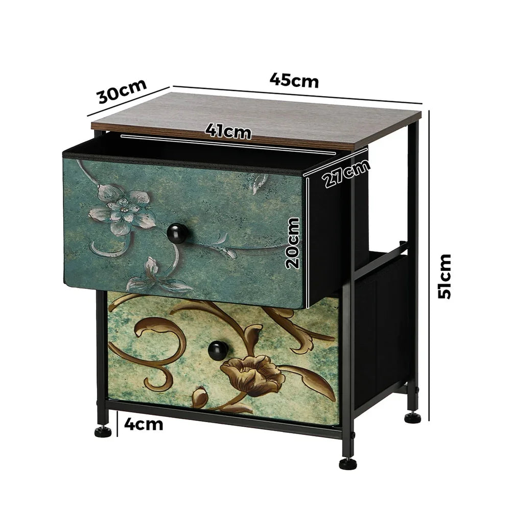 2pc Bedside Tables Fabric Cabinet 2 Drawers Nightstand