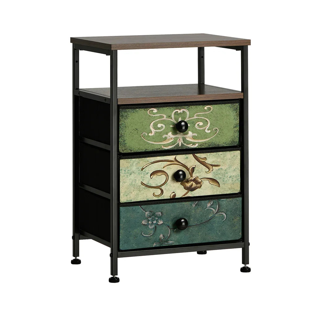 Bedside Table Fabric Nightstand 3 Drawers End Table Shelf