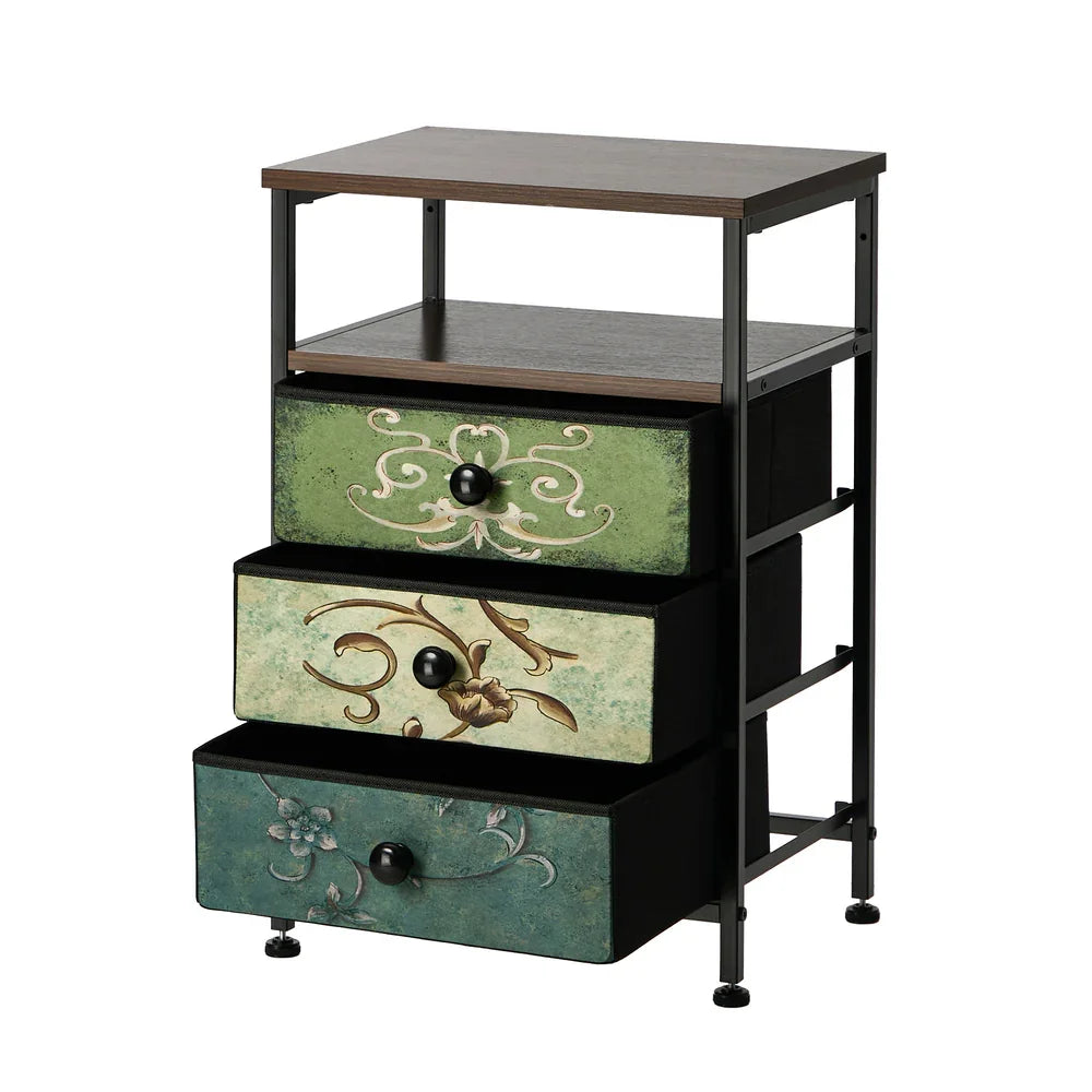 Bedside Table Fabric Nightstand 3 Drawers End Table Shelf