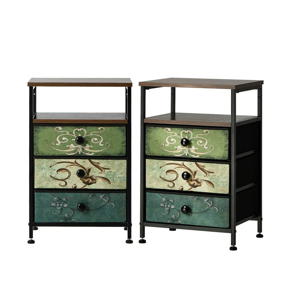 2pc Bedside Tables Fabric Nightstand 3 Drawers Table Shelf