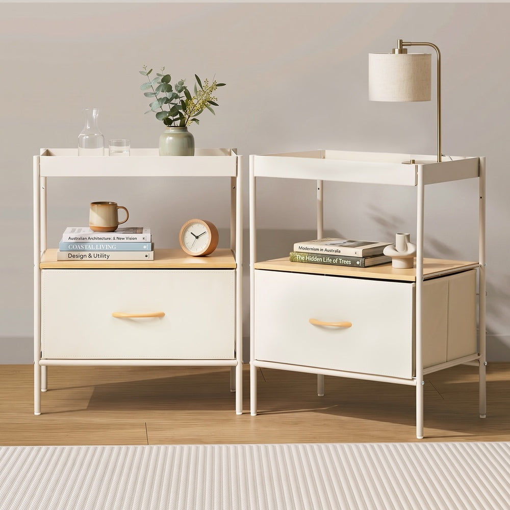 Oikiture 2PCS Fabric Bedside Table Single Drawer Open Shelf Beige