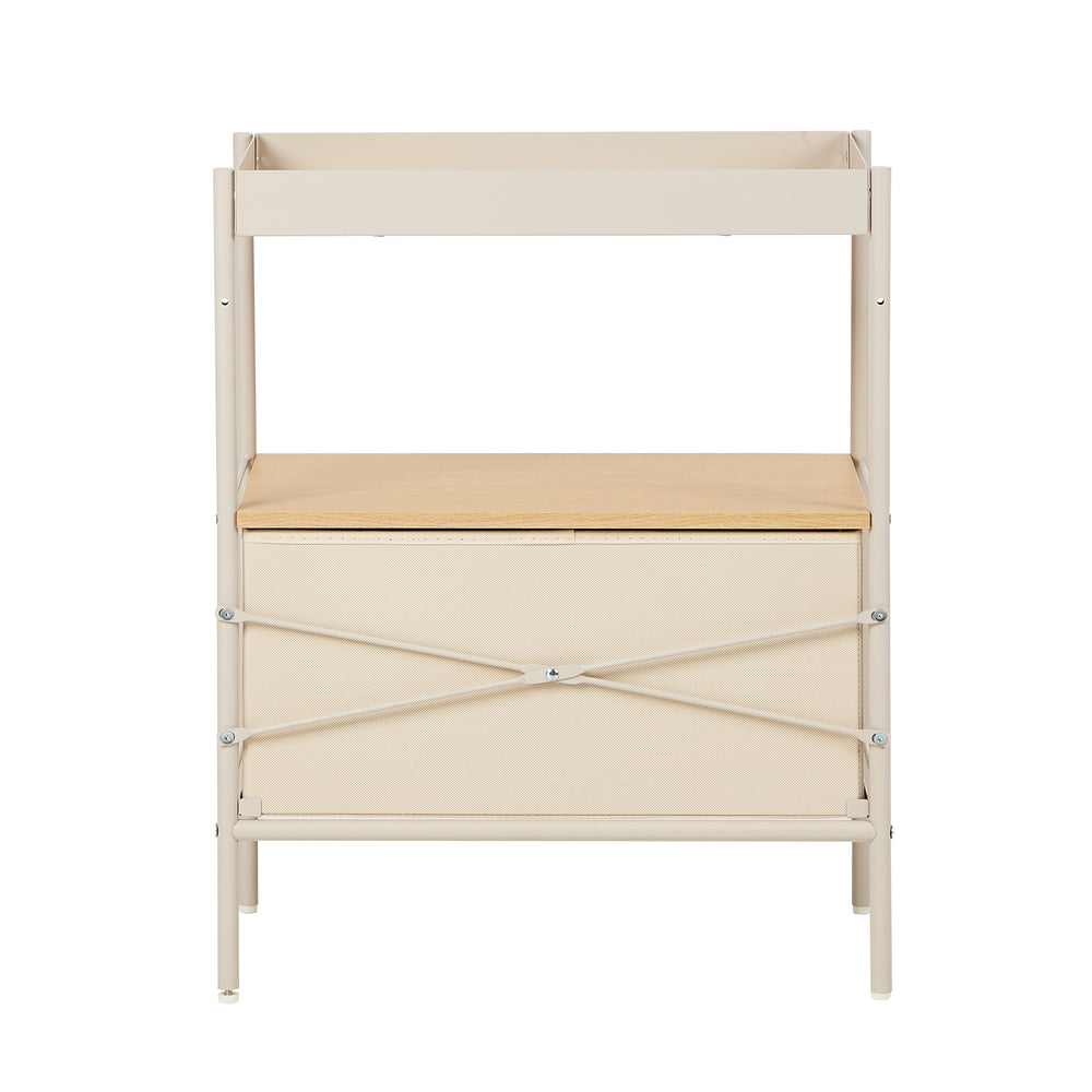 Oikiture 2PCS Fabric Bedside Table Single Drawer Open Shelf Beige