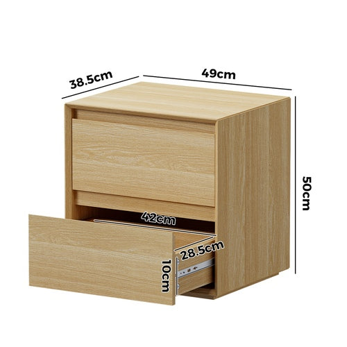 2x Bedside Table 2 Drawers Nightstand No Handle Natural