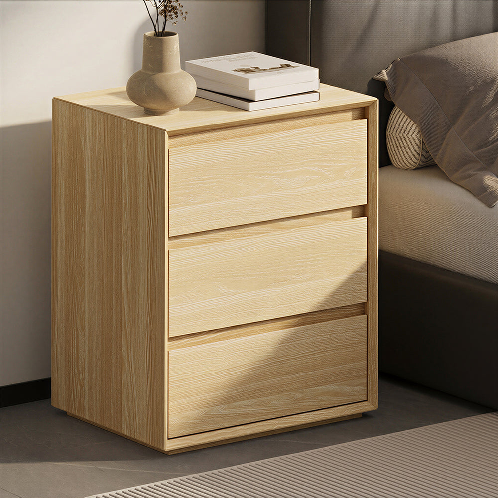 Bedside Table 3 Drawers Nightstand Storage No Handle Natural