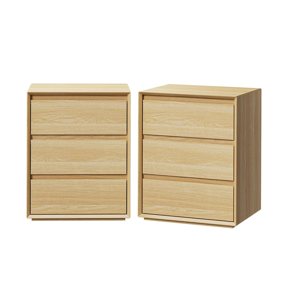 2pc Bedside Table 3 Drawers Nightstand No Handle Natural