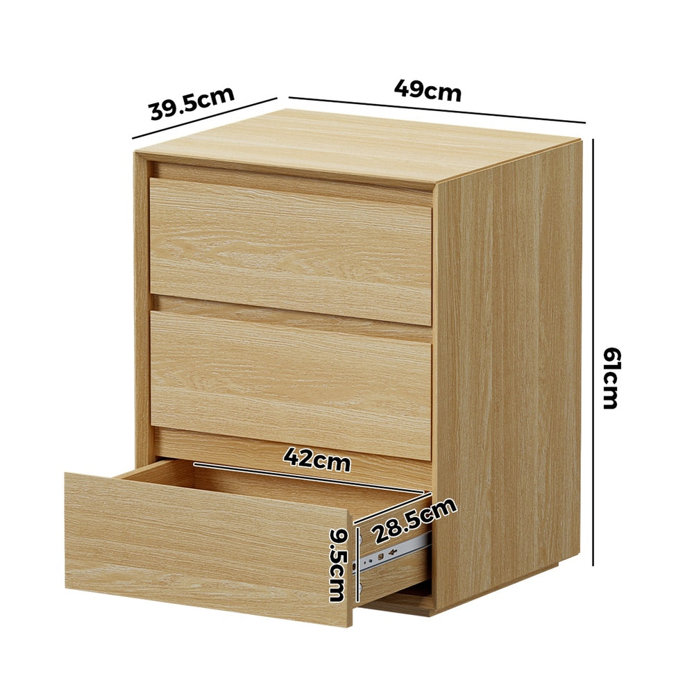 2pc Bedside Table 3 Drawers Nightstand No Handle Natural