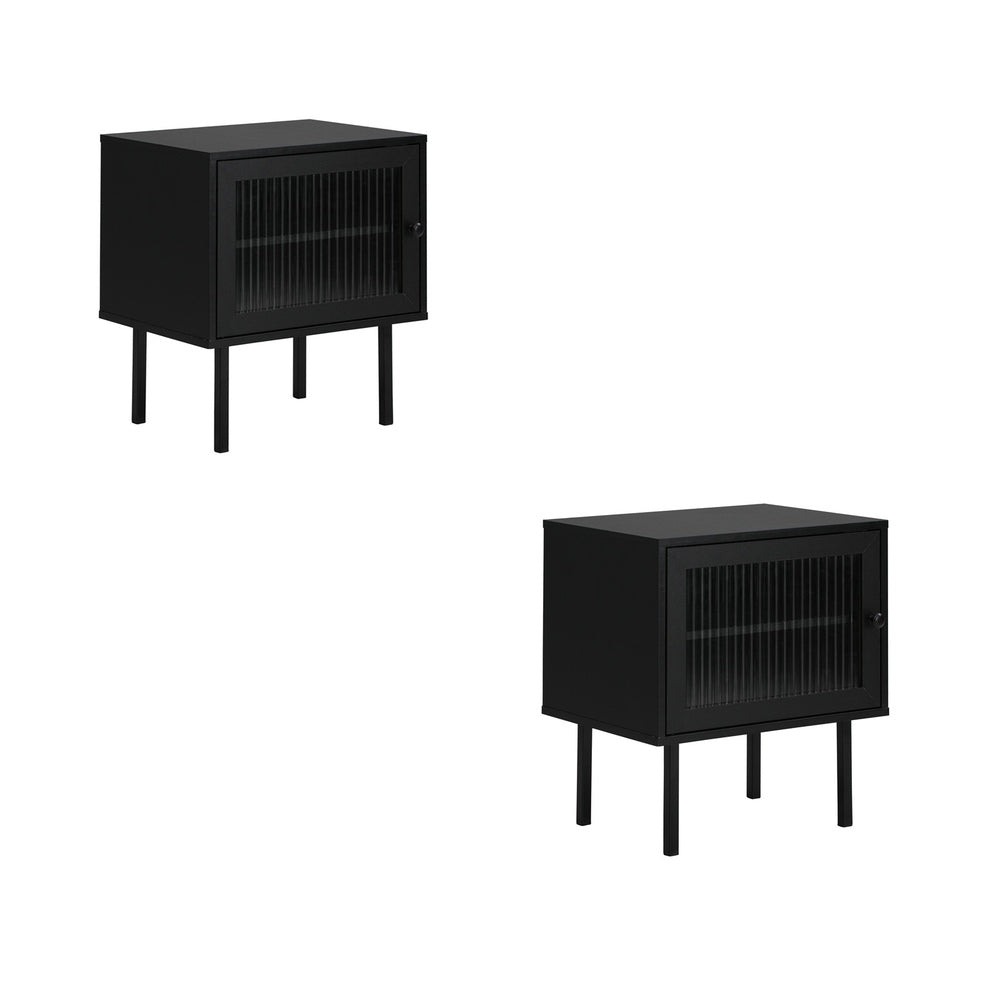 2X Bedside Tables Storage Cabinet Glass Door Black