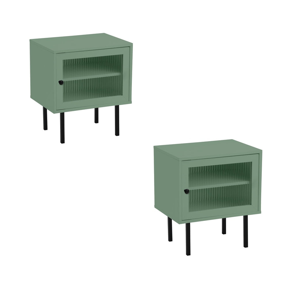 2X Bedside Tables Storage Cabinet Glass Door Green