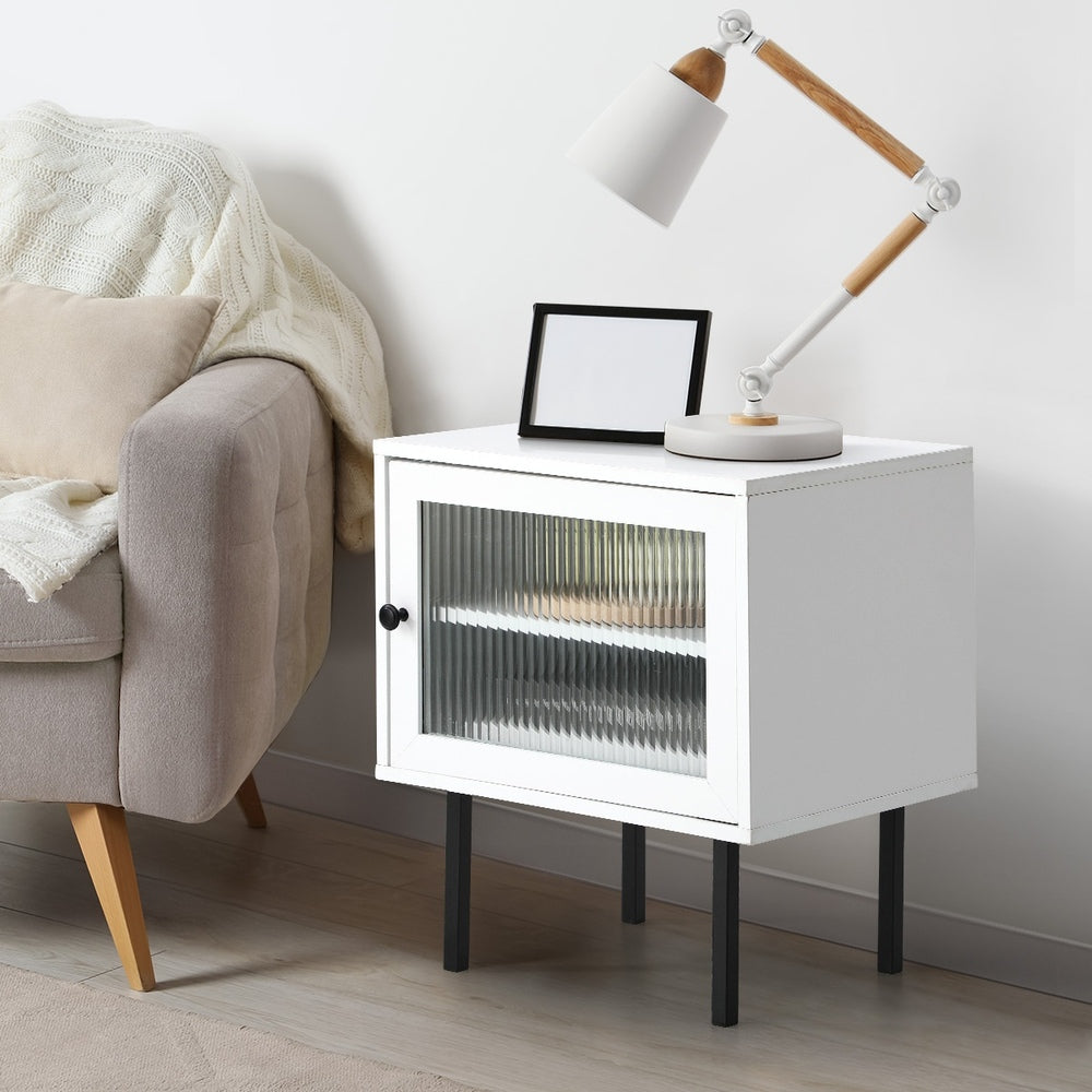 Bedside Table – White, Reeded Glass Door, Storage Cabinet, Metal Legs
